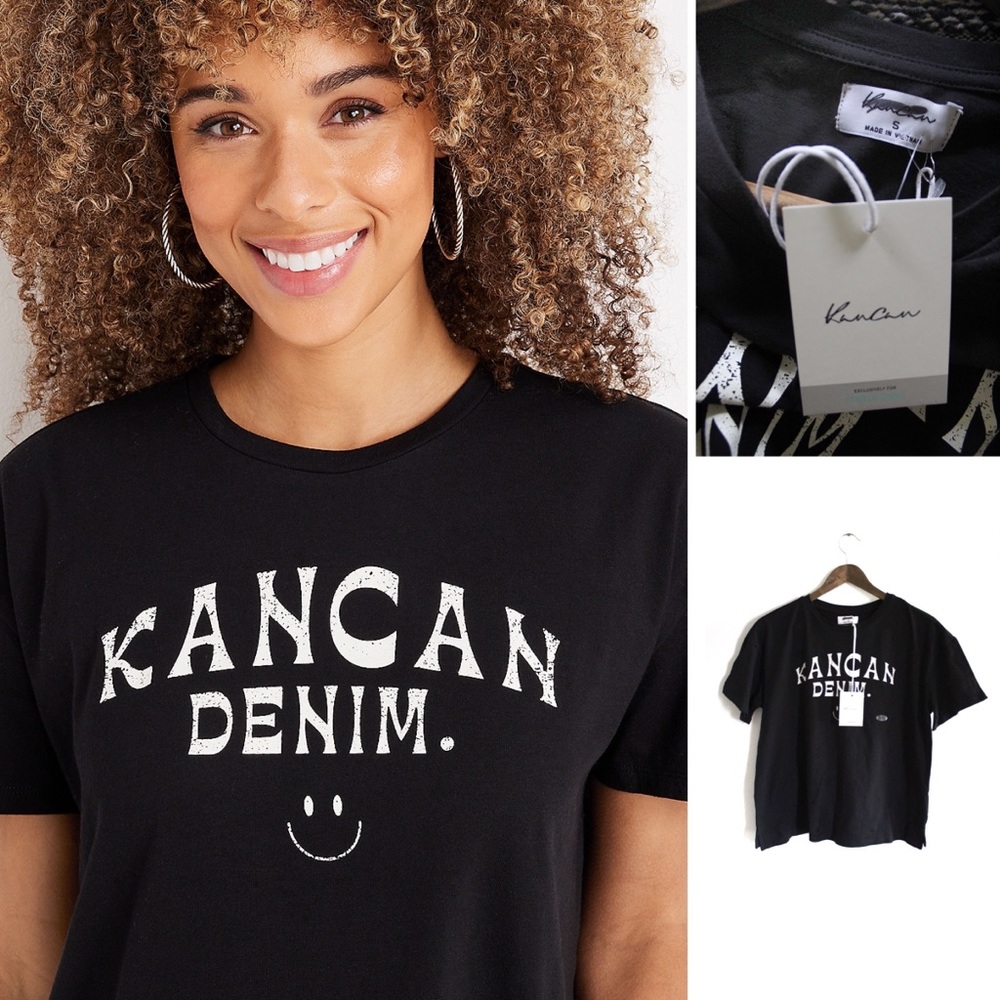 KanCan NWT Denim Smiley Face Graphic Tee Shirt Small